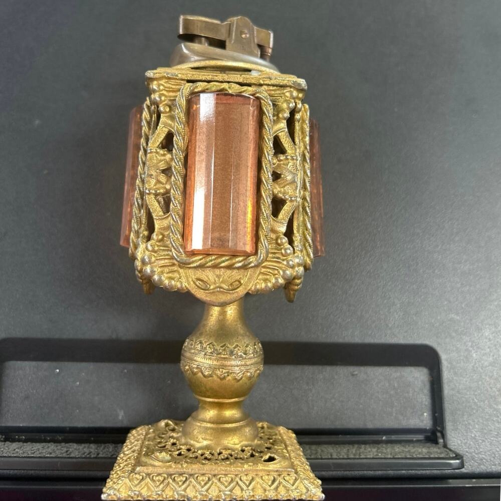 MCM Ornate Table Decor French Gilt Filigree Amber Gemstones